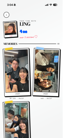 Minti memories screen showing polaroid photos with a friend
